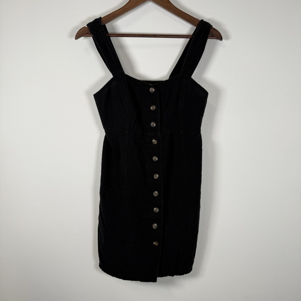American Eagle Button Front Linen Blend Black Dress Size Small Smocked Back
